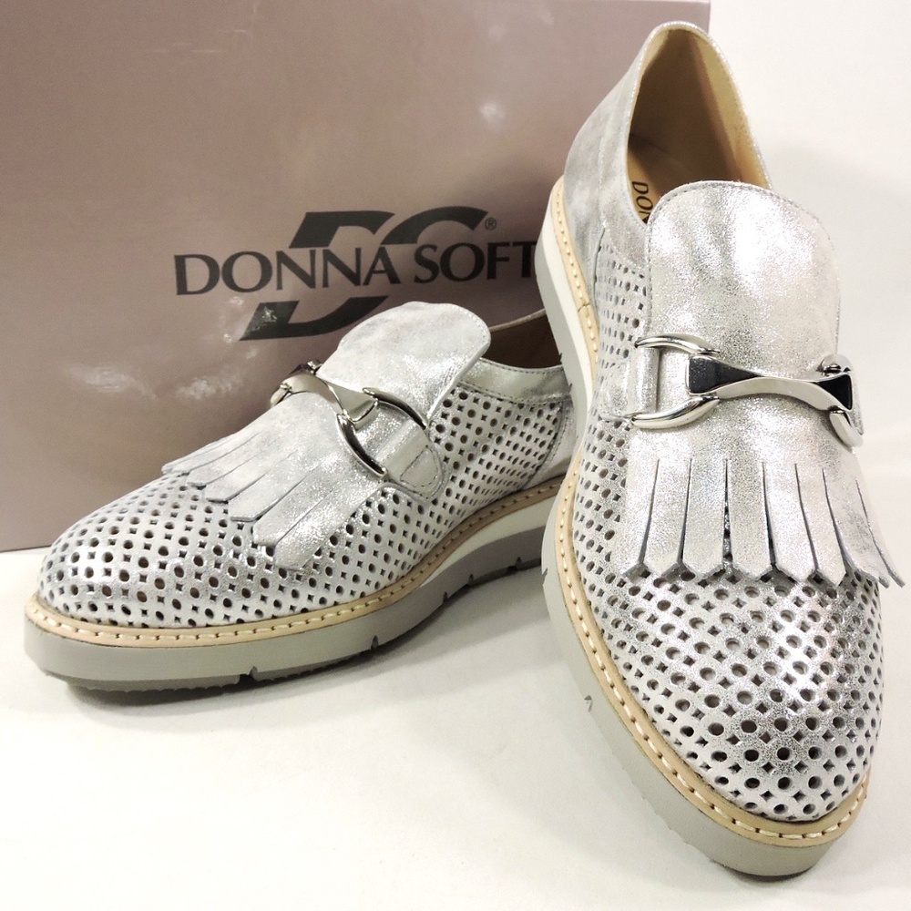 DONNA SOFT 🇮🇹WOMEN'S SILVER SOFT LEATHER COMFORT SUMMER LOAFERS - Picture 8 of 8